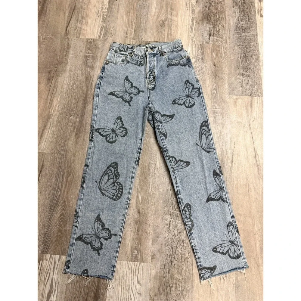 Pacsun Jeans Women's 25 High‎ Rise Straight Butterfly Print Raw Hem Button Fly